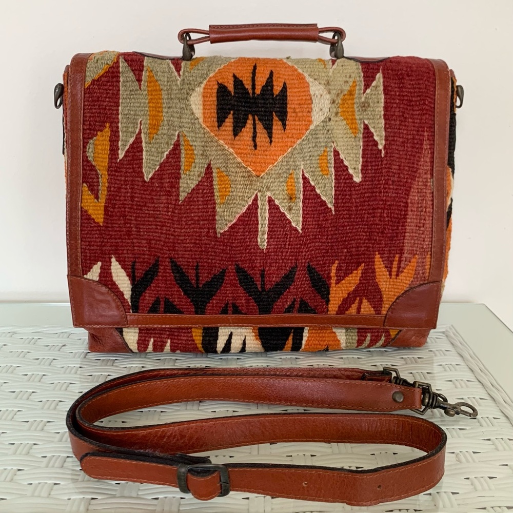 Vintage Turkish Kilim Wool & Leather Messenger Bag